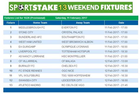 Sportstake13 Weekend Fixtures 11 February 2017 Fixture List