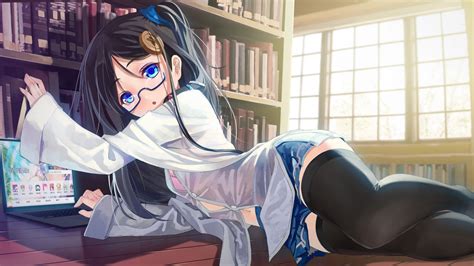Wallpaper Anime Girls Glasses Stockings Black Hair Thigh Highs Original Characters