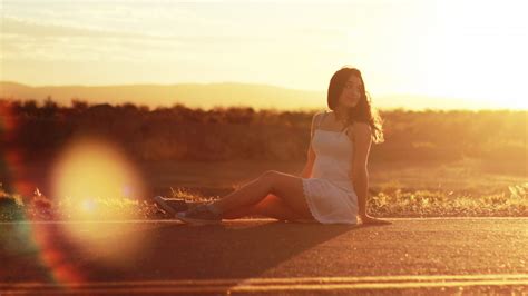 X X Women Brunette Sunset Road Sunlight Lens Flare