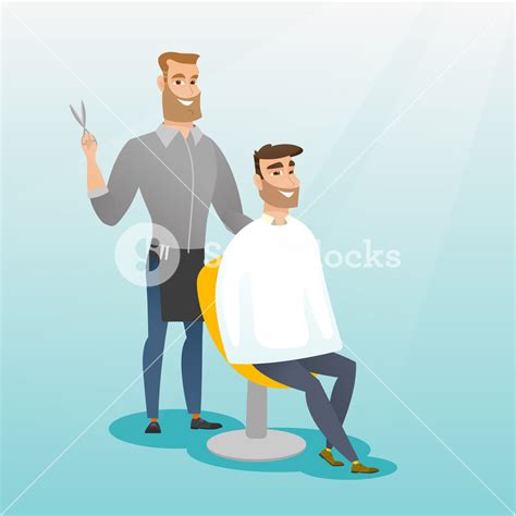 Barber Cutting Hair Of Young Hipster Man With Beard At Barbershop