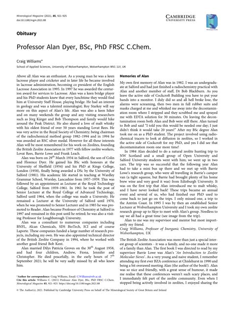 Pdf Professor Alan Dyer Bsc Phd Frsc C Chem