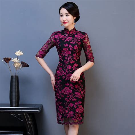 Elegant Lace Floral Chinese Women Evening Party Dress Sexy Half Sleeve