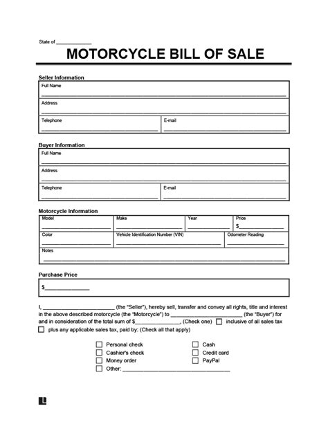 Free Motorcycle Bill Of Sale Form Pdf And Word