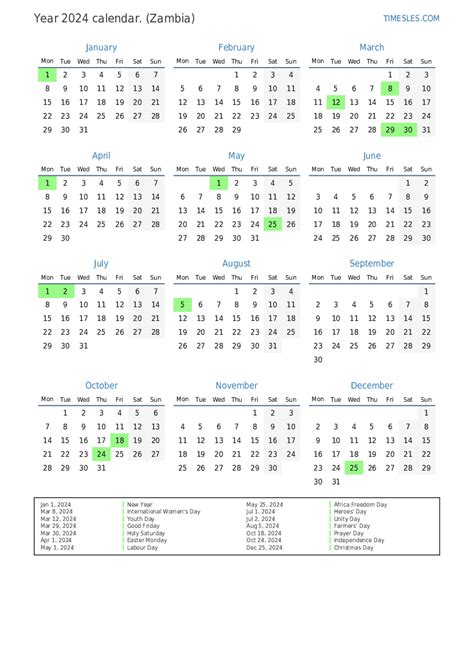 Calendar For 2024 With Holidays In Zambia Print And Download Calendar