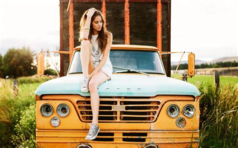 Wallpaper Women Brunette Sitting Jean Shorts Hands In Hair Sneakers Dodge Truck Megan