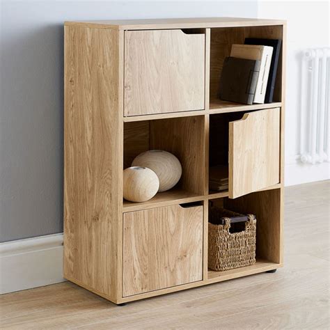 Oak Finish 6 Cube 3 Door Wooden Storage Unit Display Shelving Book