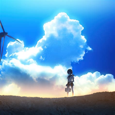 2048x2048 Anime Girl Windmill Landscape 4k Ipad Air Hd 4k Wallpapers