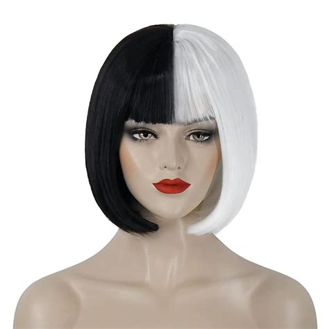 2021 cruella deville wig half black and white wigs short curly wavy bob hair women girl role