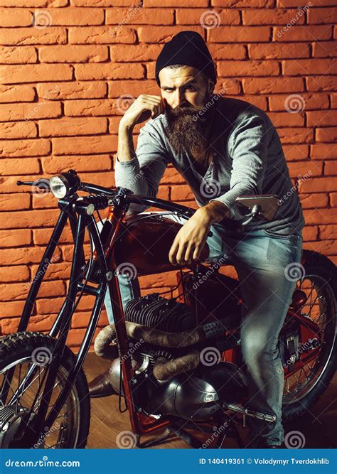 Bearded Biker Man On Motorbike Stock Image Image Of Motorbike