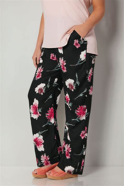Black And Red Floral Print Straight Leg Trousers With Elasticated Waist Plus Size 16 To 36