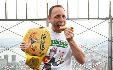 Joey chestnut repeated as men's champ at nathan's famous july fourth hot dog eating contest saturday in coney island, gobbling a record 75 chestnut, 36, whose powerful chops earned him the nickname jaws, turned candy apple red as he shoved dog after dog in his mouth, gorging at a. Joey Chestnut Bio, Net Worth, Age, Hot Dog Records, Salary, Girlfriend, Height, Facts, Parents, Wiki