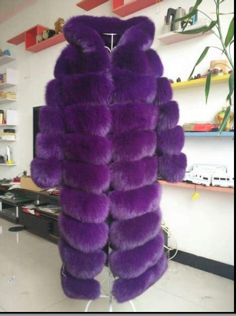Russian Style Winter Womens Purple Real Fox Fur Jackets With Hood