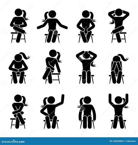 Sitting On Chair Stick Figure Woman Different Poses Pictogram Vector