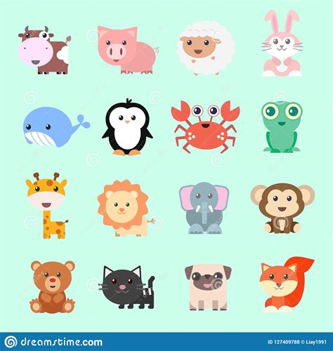 Set Of Vector Funny Animals In Cartoon Style Cute Animals