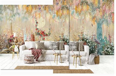 Oil Painting Floral Wall Mural Wallpaper Blooming Flowers Etsy