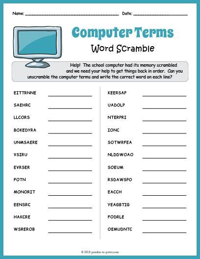 Free Printable Computer Terms Word Scramble With Images Computer