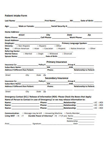 20 Free Patient Intake Form Templates