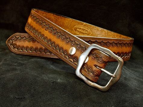 Hand Tooled Leather Belt Custom Vintage Finish By Mataradesign