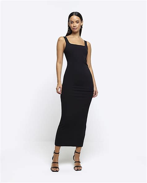 Black Ruched Side Bodycon Midi Dress River Island