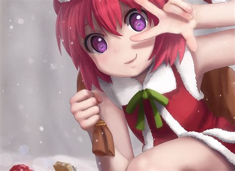 Akaza Akari Aliasing Bow Christmas Cropped Novcel Purple Eyes Red Hair Ribbons Santa