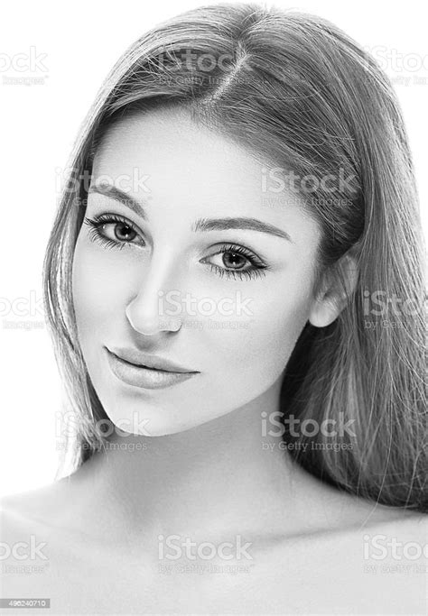 Beautiful Woman Face Close Up Studio Black And White Stock Photo