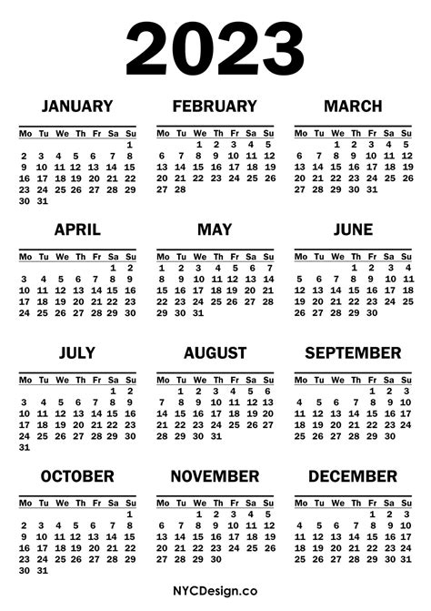 2023 Calendar Printable Free White Monday Start