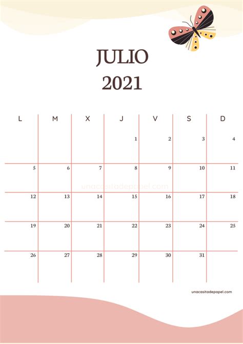 Calendario Julio 2021 Para Imprimir Gratis ️ Una Casita De Papel