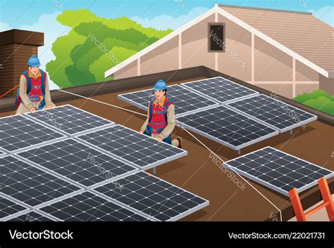 Workers Installing Solar Panels On Roof Royalty Free Vector