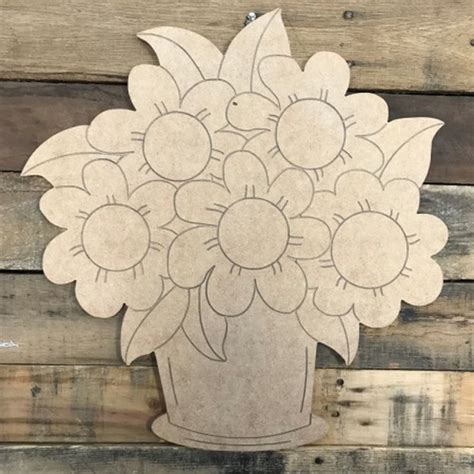 Bunch Of Flowers In Pot Diy Unfinished Wood Cutout Paint By Line
