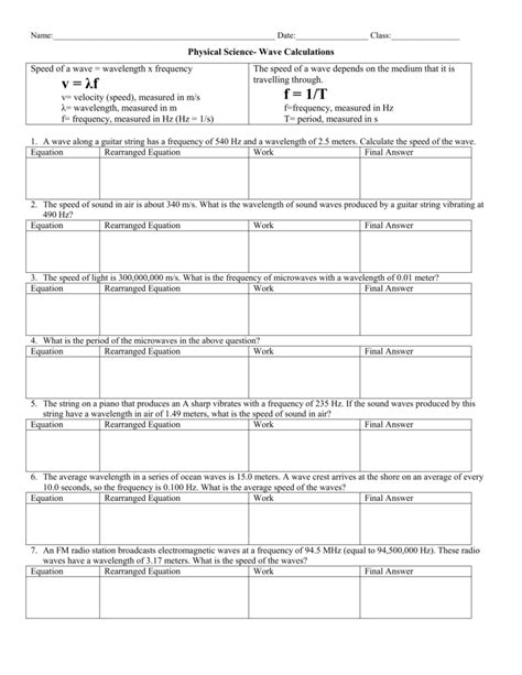 Some of the worksheets below are wave characteristics worksheet conceptual physics with answers, utilize the meaning of terms such as period, frequency, wavelength and speed to answer conceptual questions. 29 Physical Science Wave Calculations Worksheet Answers ...