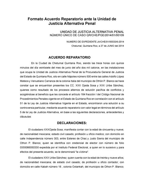 Formato Acuerdo Reparatorio Ante La Unidad De Justicia Alternativa
