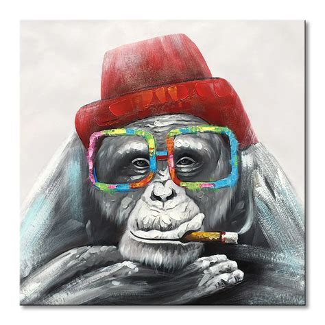 Canvas Wall Art Gorilla Monkey In A Red Hat Handmade Animal Oil