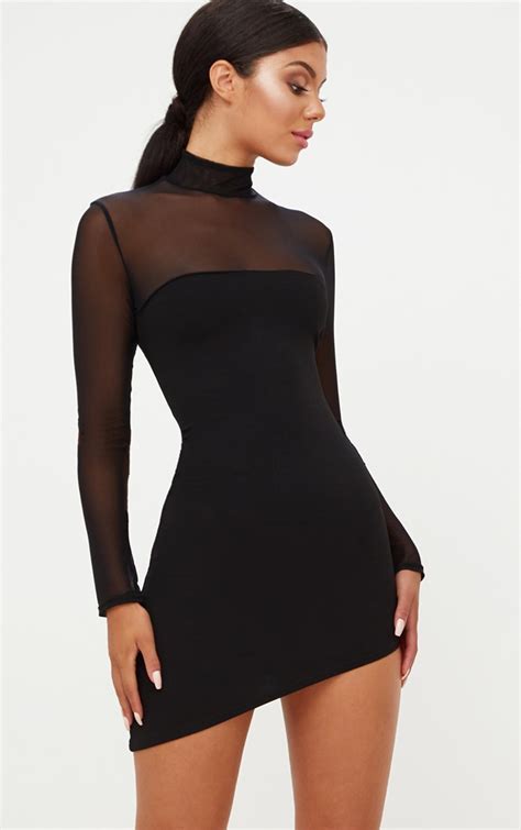 Black Long Sleeve Mesh Top Asymmetric Bodycon Dress Prettylittlething
