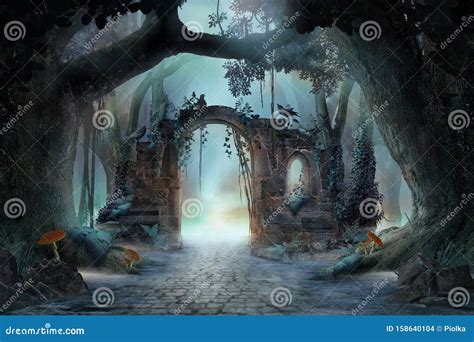 Archway In An Enchanted Fairy Forest Landscape Misty Dark Mood