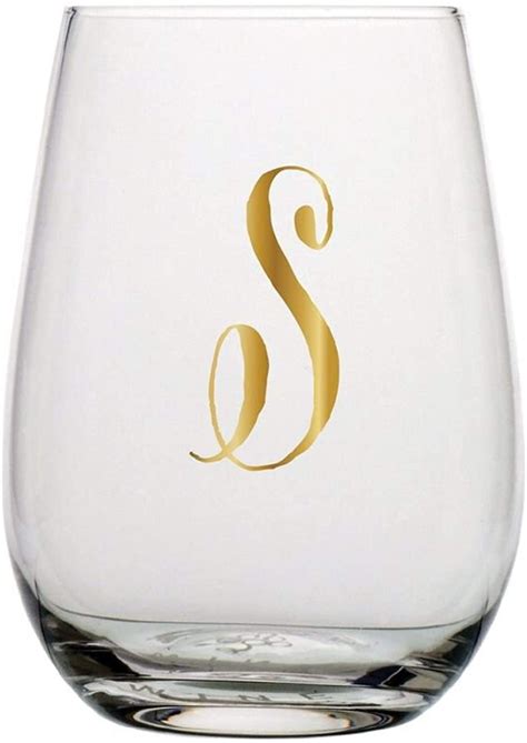 Monogrammed Stemless Wine Glass With Metallic Gold Toned Letter S 20