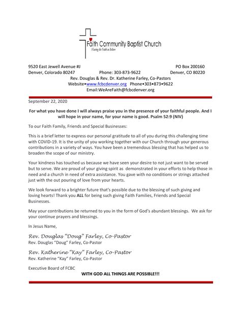 Thank You Letter From Our Pastors — Faith Community Baptist Church