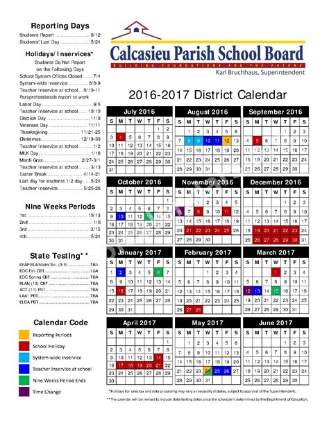 2016 2017 School Calendar Calcasieu Parish School Board Lake