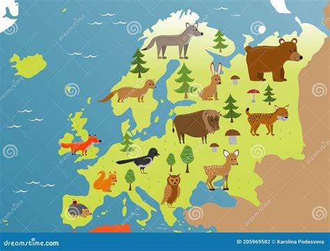 Mappa Degli Animali Europei Piatti Illustrazione Vettoriale