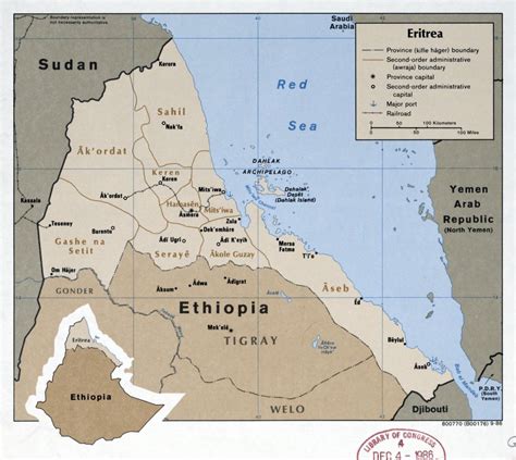The country has a total area of 8,957.57 square miles (23200 km2). Large scale political map of Eritrea with roads, railroads, ports and major cities - 1986 ...