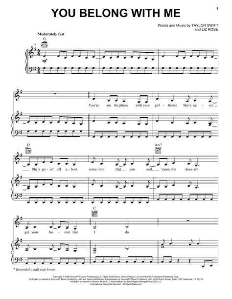 Taylor Swift You Belong With Me Sheet Music And Printable Pdf Music