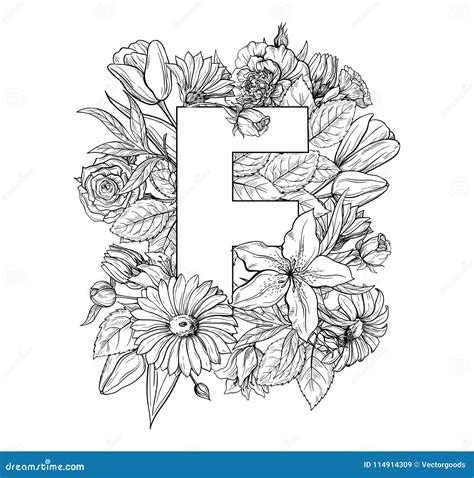 Vintage Flower Alphabet Hand Drawn Vector Illustration Isolated On