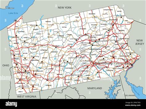 High Detailed Pennsylvania Road Map With Labeling Stock Vector Image