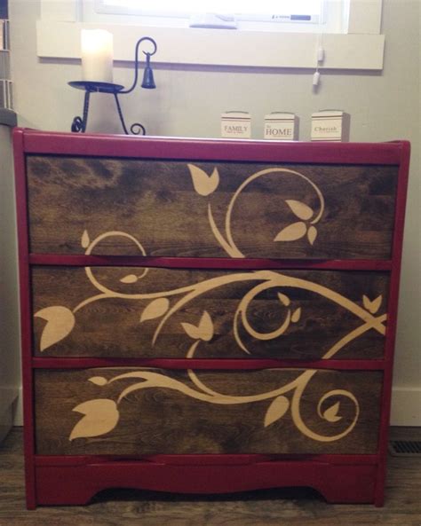 Refinished Waterfall Dresser With Red Paint And Walnut Stain Made By