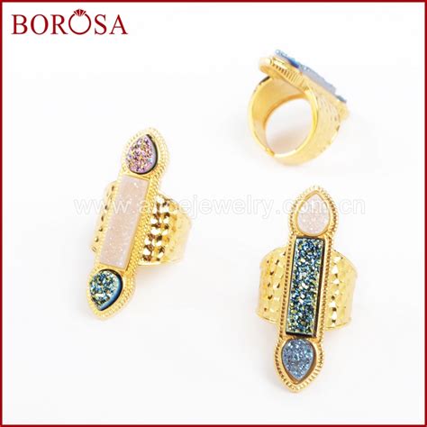 BOROSA Gold Color Bezel Triple Multicolor Titanium Druzy Ring Rectangle