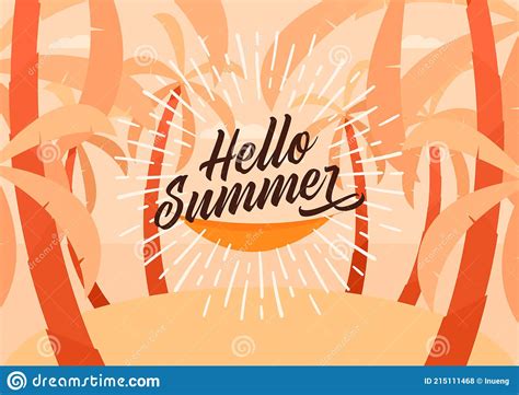 Hello Summer Tropical Island With Palm Trees Background Stock Vector