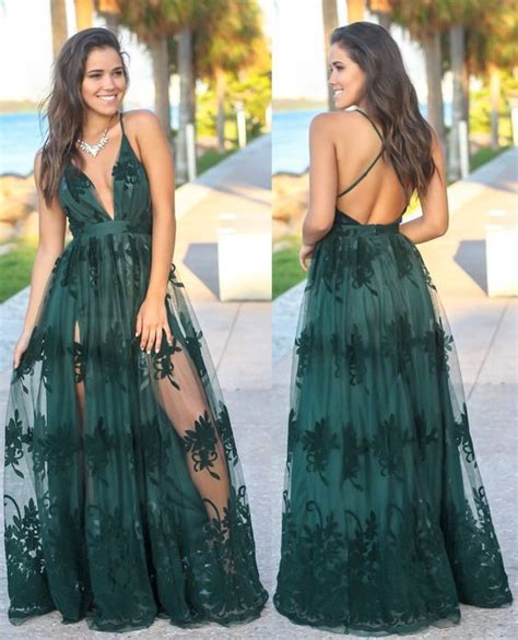 Glamorous Spaghetti Straps Long Dark Green Prom Dress With Appliques On