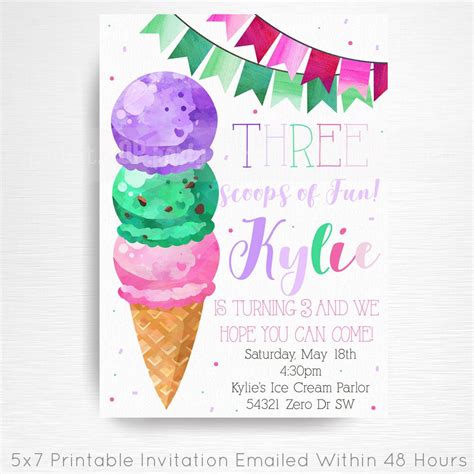 Ice Cream Birthday Party 3rd Birthday Printable Invitation You Etsy