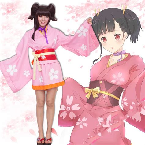 Hugguh Brand New Anime Mumei Japanese Kimono Sakura Pattern Halloween Cosplay Costume Women