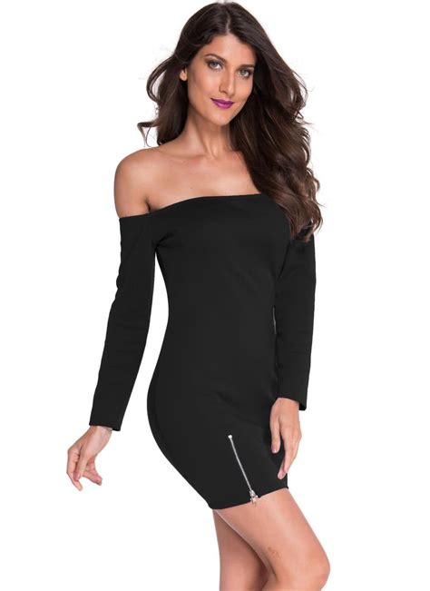 Black L Sexy Off Shoulder Long Sleeve Zipped Slit Mini Dress Chicuu