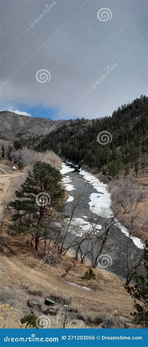 Poudre Canyon Road Cloudy Winter Day Granite Rock Colorado Stock Photo